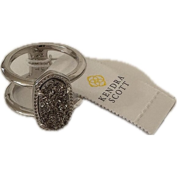 Kendra Scott Silver Rodium Plated Platinum Drusy Oval & Open Elyse Ring-Size-6 - Picture 7 of 7